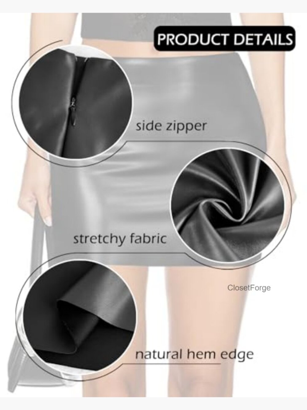Y2K Black Faux Leather Mini Skirt High Waisted Stretchy Bodycon Side Zipper - Picture 6 of 7